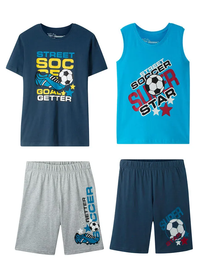 CAMISETA DE MANGA CORTA + CAMISETA SIN MANGAS + BERMUDAS PARA NIñO (4 PIEZAS) AZUL OSCUROTURQUESAGRIS ESTAMPADO